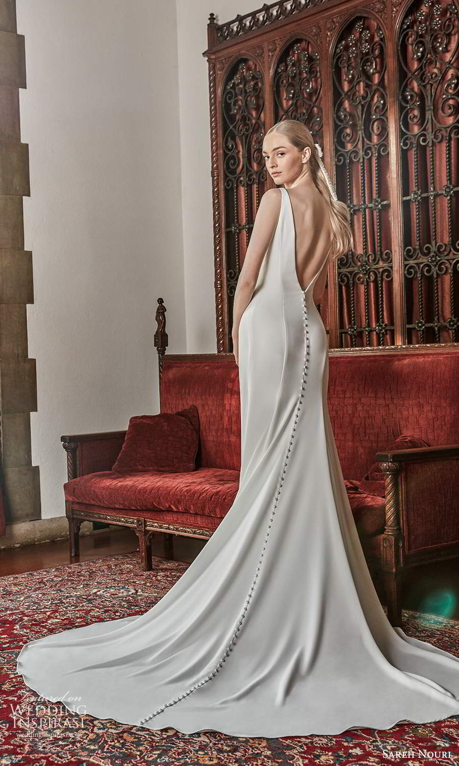 sareh nouri spring 2022 bridal sleeveless straps v neckline clean minimalist fit flare mermaid wedding dress chapel train (4) bv