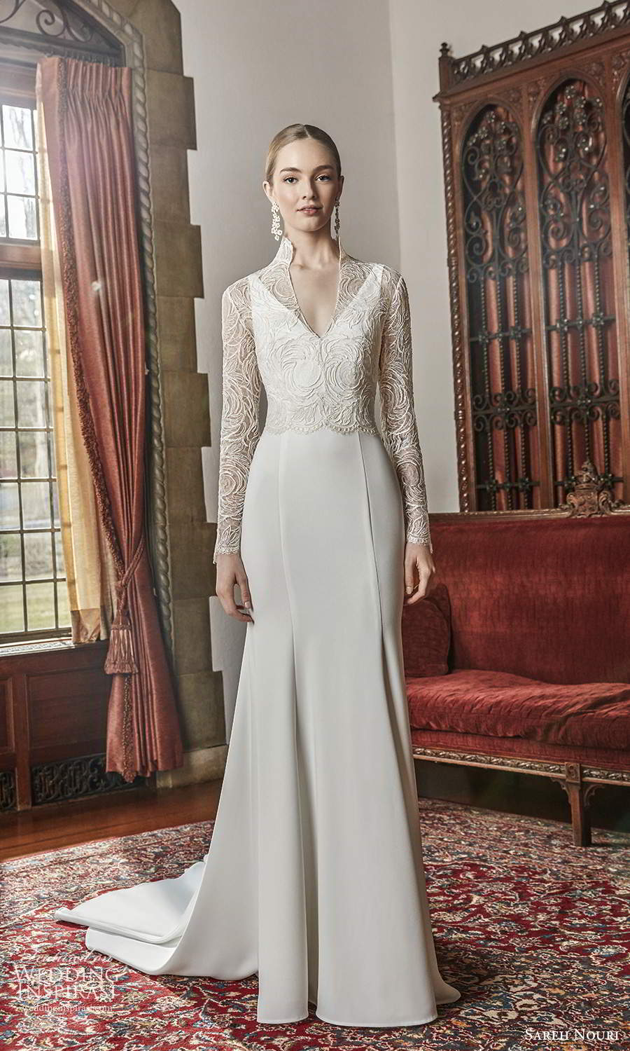 sareh nouri spring 2022 bridal sleeveless straps v neckline clean minimalist fit flare mermaid wedding dress chapel train long sleeve lace jacket (4) mv