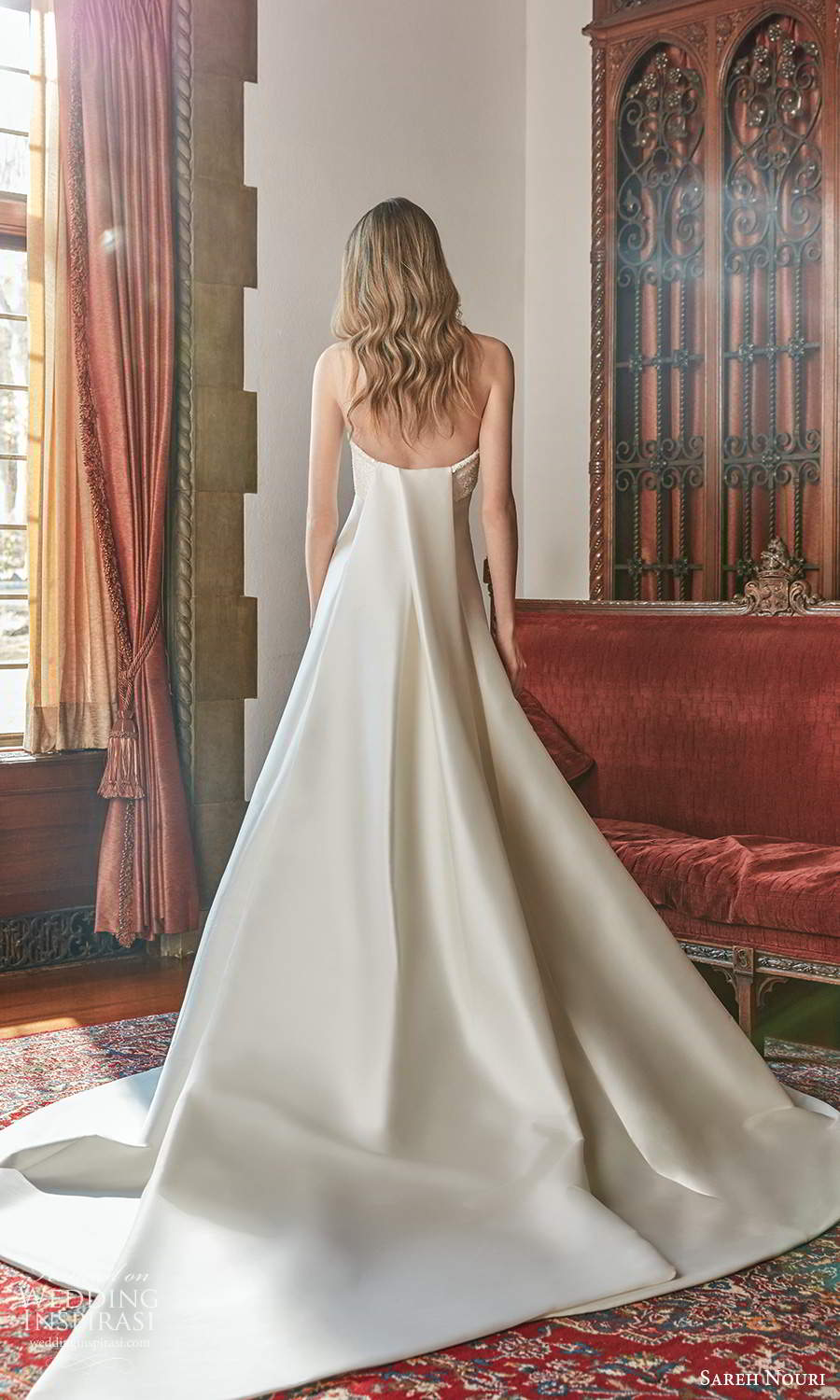 sareh nouri spring 2022 bridal strapless straight across neckline clean minimalist a line ball gown wedding dress chapel train (2) bv sareh nouri spring 2022 bridal strapless straight across neckline clean minimalist a line ball gown wedding dress chapel train (2) bv