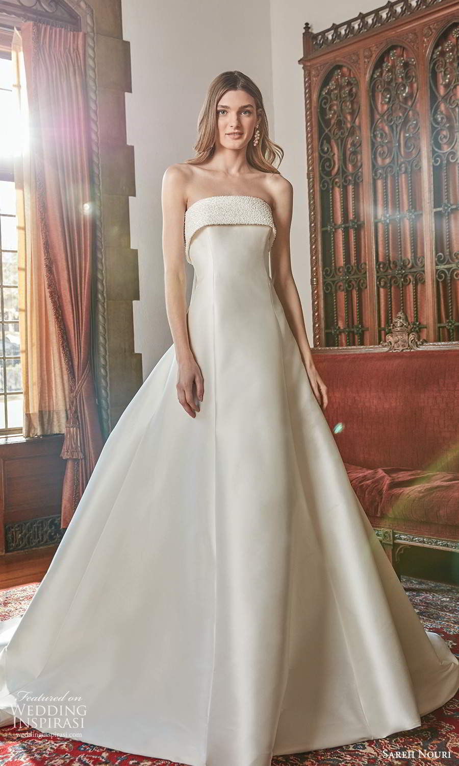 sareh nouri spring 2022 bridal strapless straight across neckline clean minimalist a line ball gown wedding dress chapel train (2) mv sareh nouri spring 2022 bridal strapless straight across neckline clean minimalist a line ball gown wedding dress chapel train (2) mv