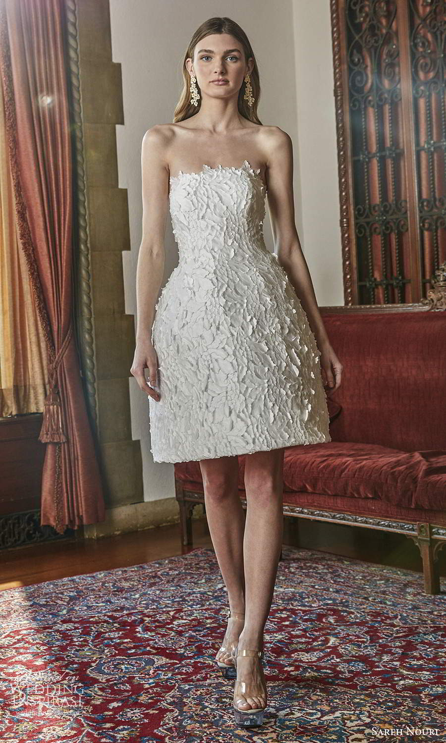 sareh nouri spring 2022 bridal strapless straight across neckline fully embellished short a line wedding dress (12) mv