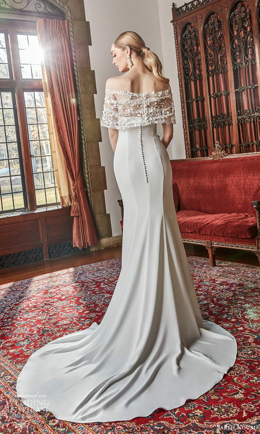 sareh nouri spring 2022 bridal strapless straight across necklnie clean minimalist sheath wedding dress chapel train sheer lace shrug (5) bv sareh nouri spring 2022 bridal strapless straight across necklnie clean minimalist sheath wedding dress chapel train sheer lace shrug (5) bv