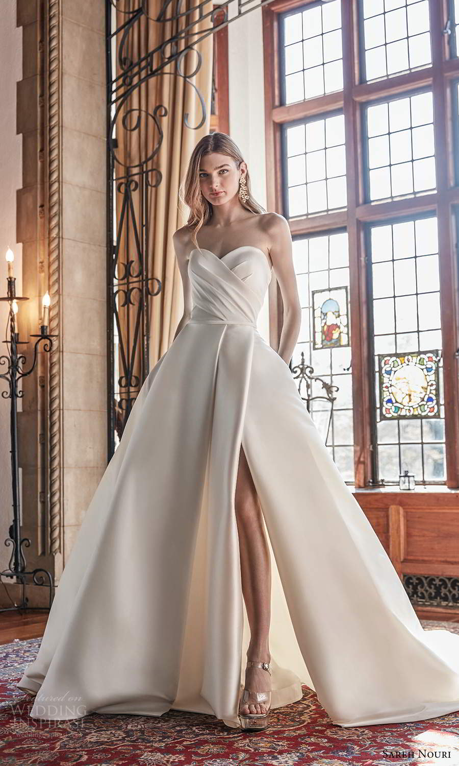 sareh nouri spring 2022 bridal strapless sweetheart neckline pleated bodice a line ball gown wedding dress chapel train slit skirt (6) mv