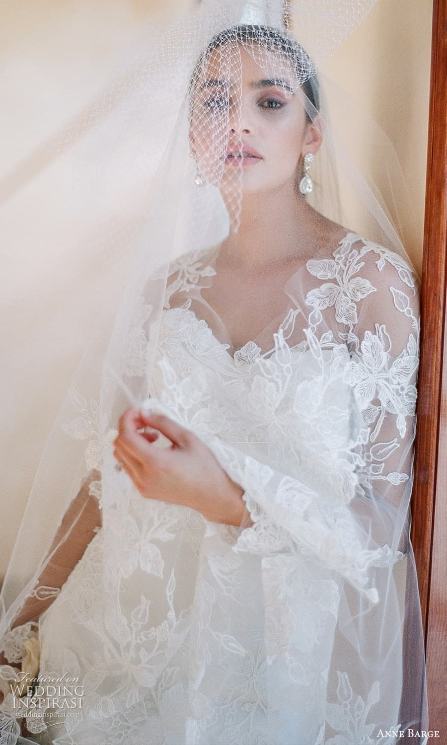 anne barge spring 2022 bridal strapless sweetheart neckline embellished a line wedding dress chapel train sheer long sleeve top veil (7) zv