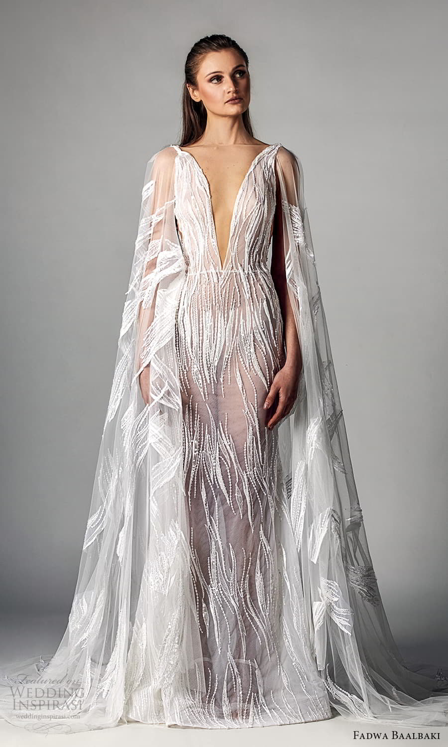 fadwa baalbaki spring 2021 bridal sheer cape long sleeves plunging v neckline fully embellished sheath wedding dress chapel train (1) mv