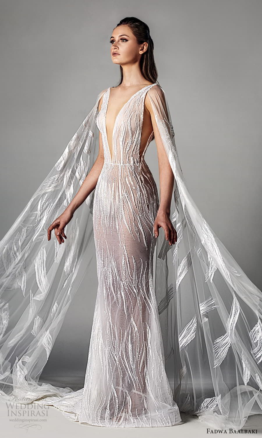 fadwa baalbaki spring 2021 bridal sheer cape long sleeves plunging v neckline fully embellished sheath wedding dress chapel train (1) sv