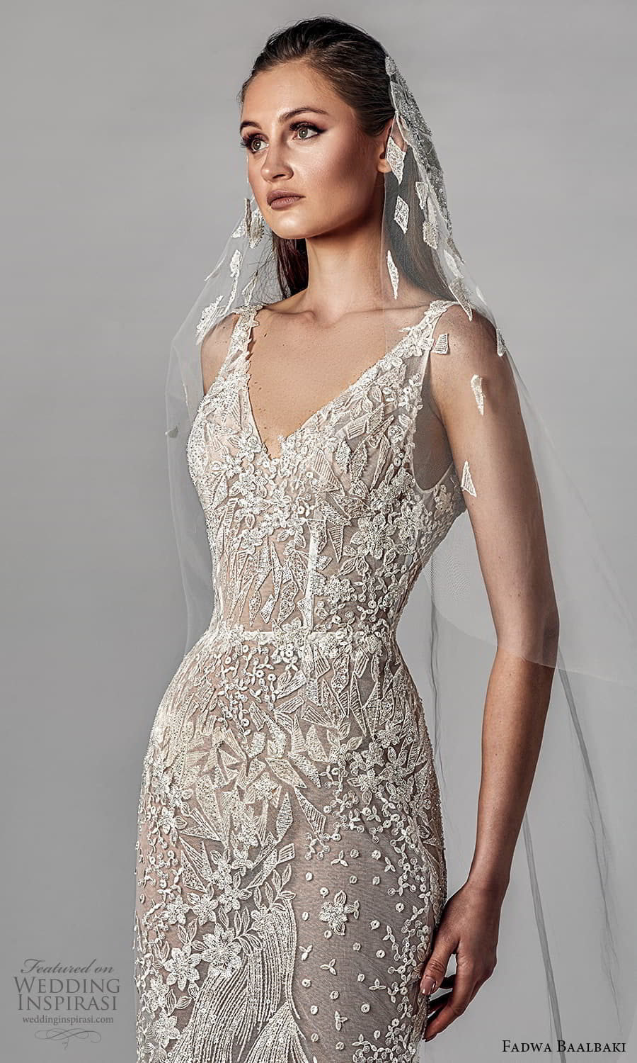 fadwa baalbaki spring 2021 bridal sleeveless straps v neckline fully embellished sheath wedding dress chapel train (4) mv