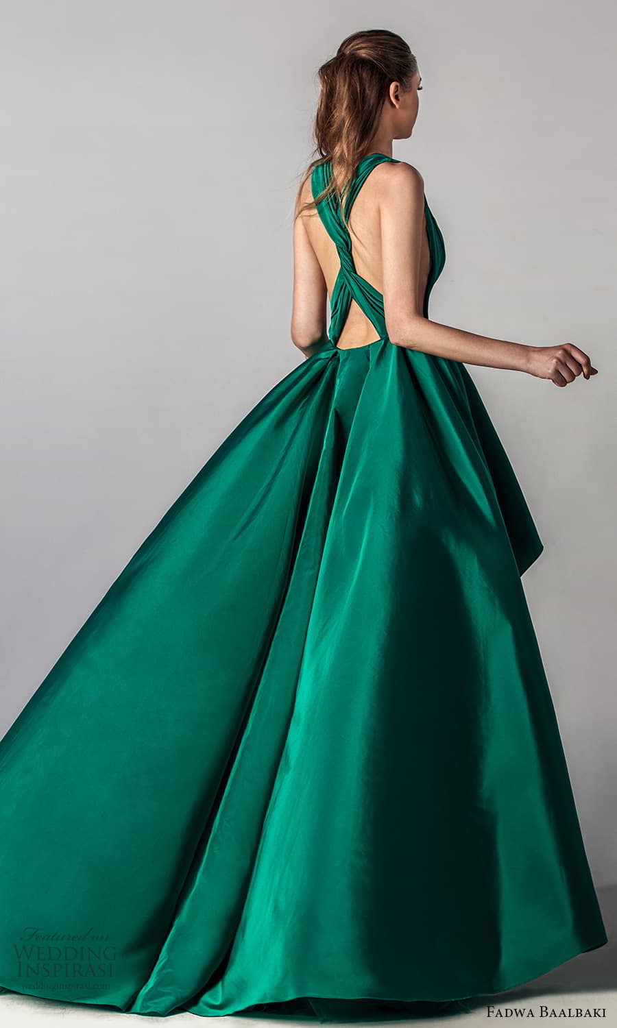 fadwa baalbaki spring 2021 bridal sleeveless thick halter straps plunging v neckline ruched bodice a line ball gown high low wedding dress chapel train green color (7) bv