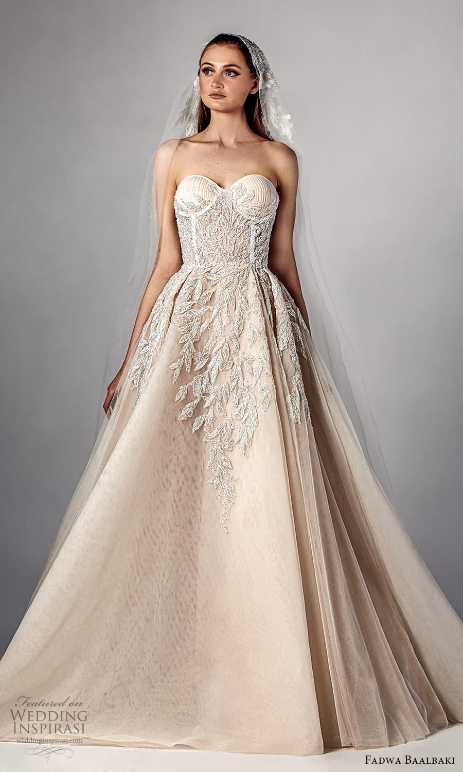 fadwa baalbaki spring 2021 bridal strapless sweetheart neckline fully embellished a line ball gown wedding dress slit skirt chapel train (2) fv