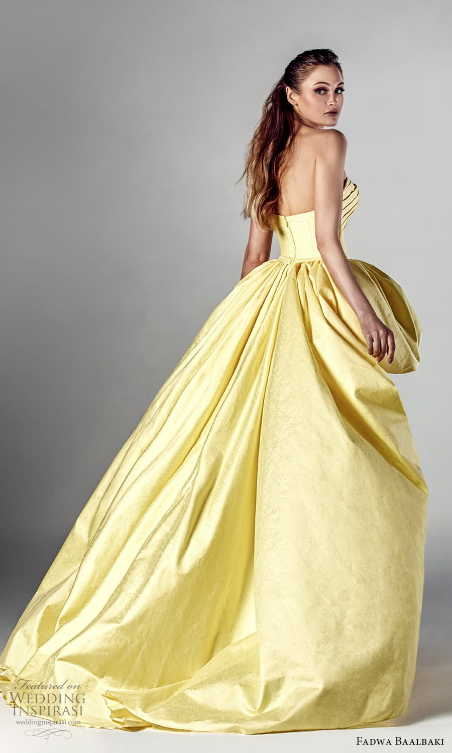 fadwa baalbaki spring 2021 bridal strapless sweetheart neckline pleated bodice a line ball gown high low wedding dress chapel train yellow (8) bv