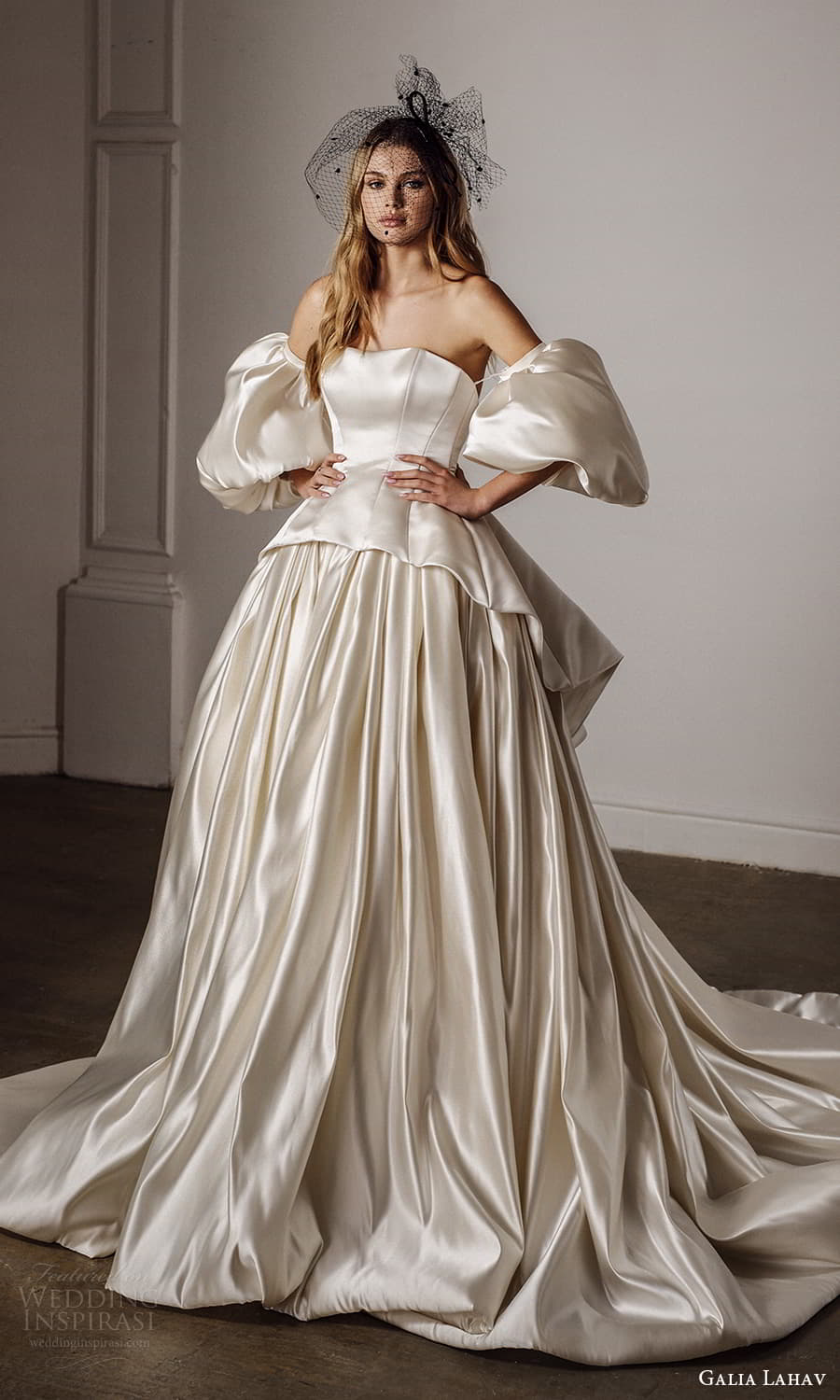 galia lahav spring 2022 bridal detached puff sleeves strapless semi sweetheart neckline peplum a line ball gown wedding dress chapel train (3) mv