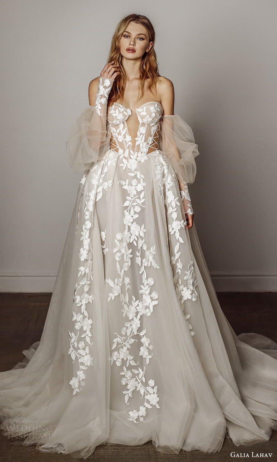 galia lahav spring 2022 bridal detached puff sleeves strapless sweetheart neckline fully embellished a line ball gown wedding dress chapel train (5) mv