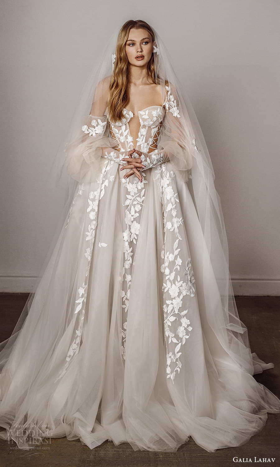 galia lahav spring 2022 bridal detached puff sleeves strapless sweetheart neckline fully embellished a line ball gown wedding dress chapel train veil (5) mv