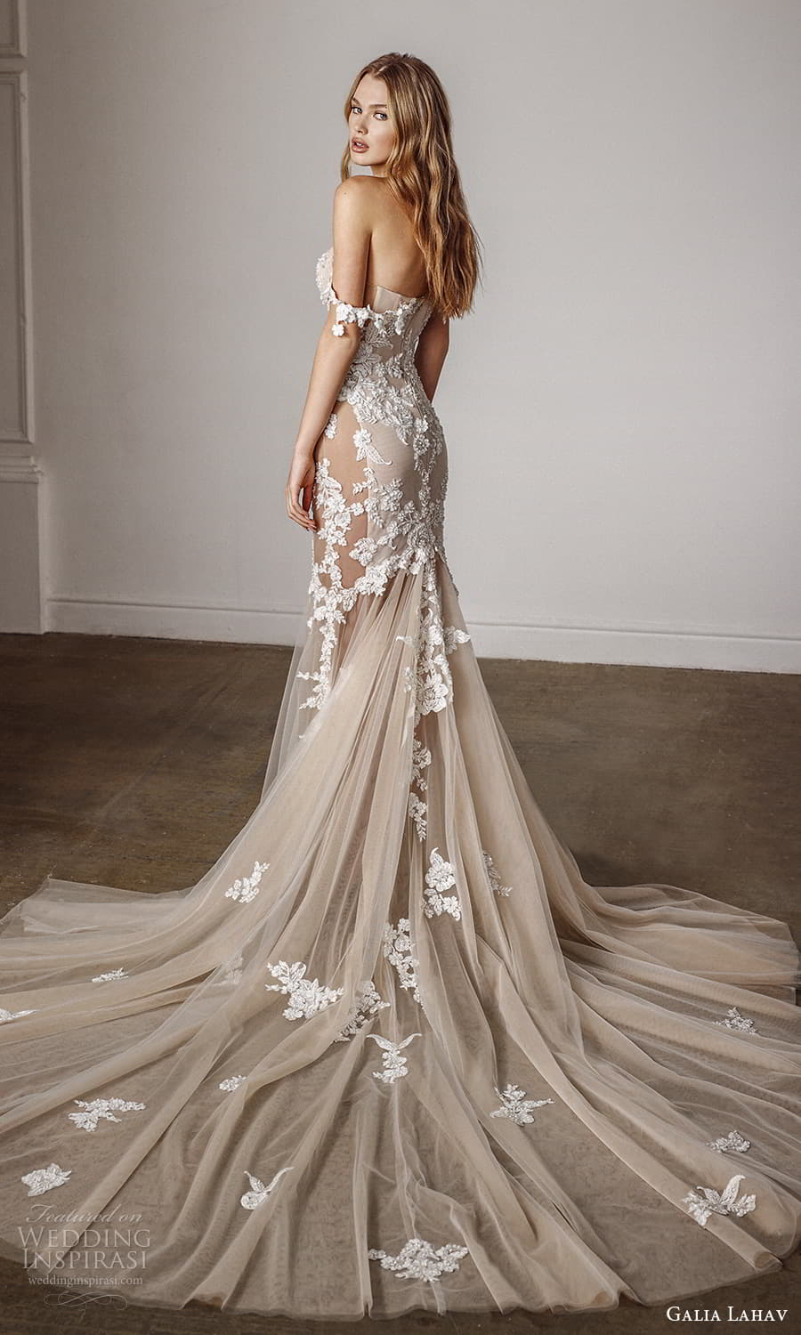 galia lahav spring 2022 bridal off shoulder straps semi sweetheart neckline embellished bodice fit flare mermaid wedding dress cathedral train blush (14) bv