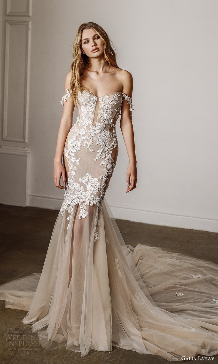 galia lahav spring 2022 bridal off shoulder straps semi sweetheart neckline embellished bodice fit flare mermaid wedding dress cathedral train blush (14) mv