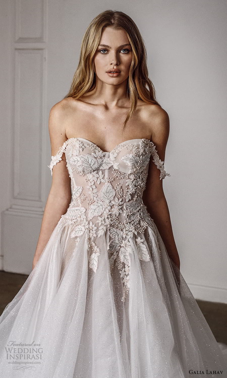 galia lahav spring 2022 bridal off shoulder swag straps sweetheart neckline embellished bodice a line ball gown wedding dress chapel train (10) zv