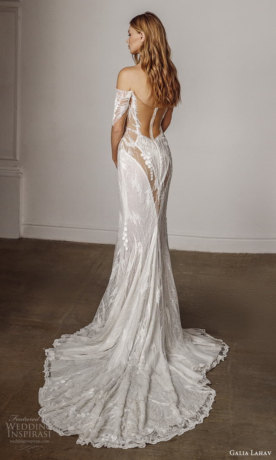 galia lahav spring 2022 bridal sheer 3 quarter sleeves off shoulder sweetheart necklnie fully embellished sheath wedding dress chapel train sheer back (13) mv