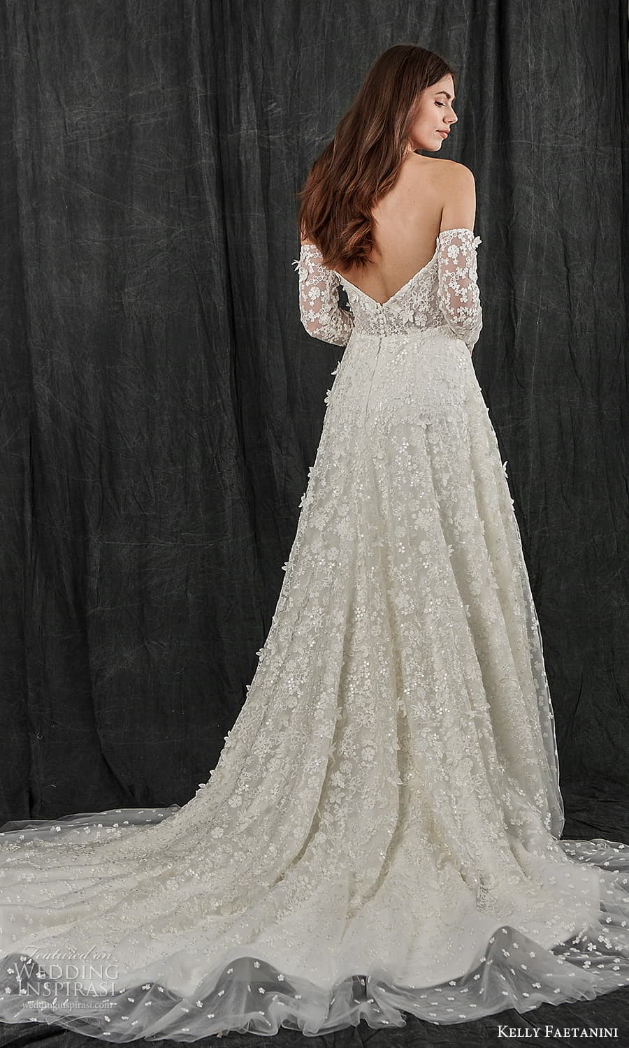 kelly faetanini spring 2022 bridal detached long sleeves semi scoop curve straplss neckline fully embellished a line wedding dress chapel train (6) bv