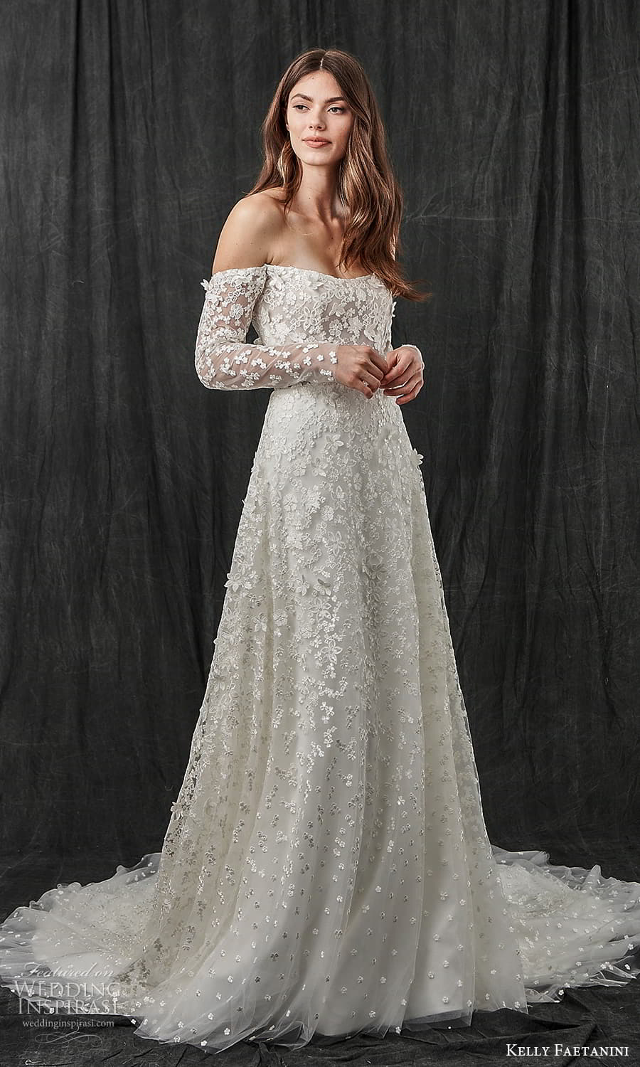 kelly faetanini spring 2022 bridal detached long sleeves semi scoop curve straplss neckline fully embellished a line wedding dress chapel train (6) mv