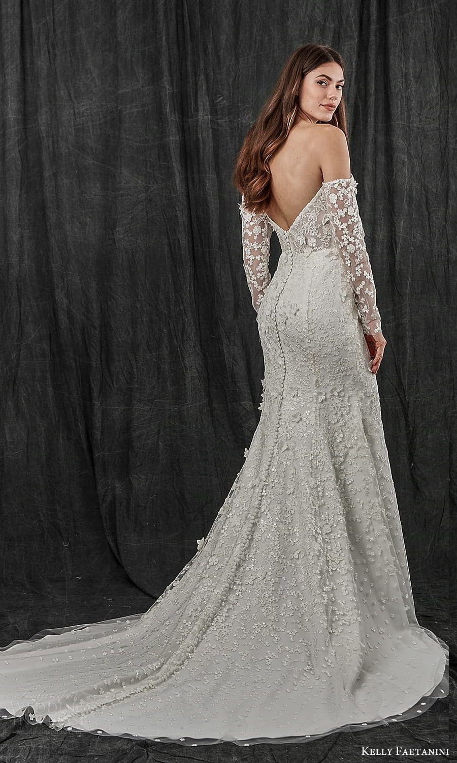 kelly faetanini spring 2022 bridal detached long sleeves semi scoop curve straplss neckline fully embellished sheath wedding dress chapel train (1) bv