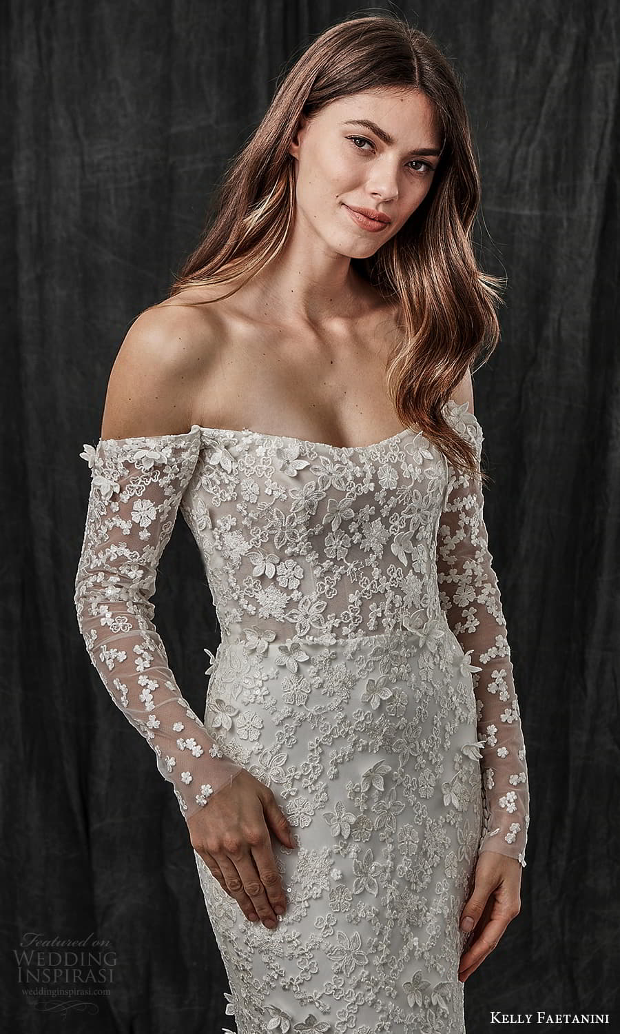 kelly faetanini spring 2022 bridal detached long sleeves semi scoop curve straplss neckline fully embellished sheath wedding dress chapel train (1) zv