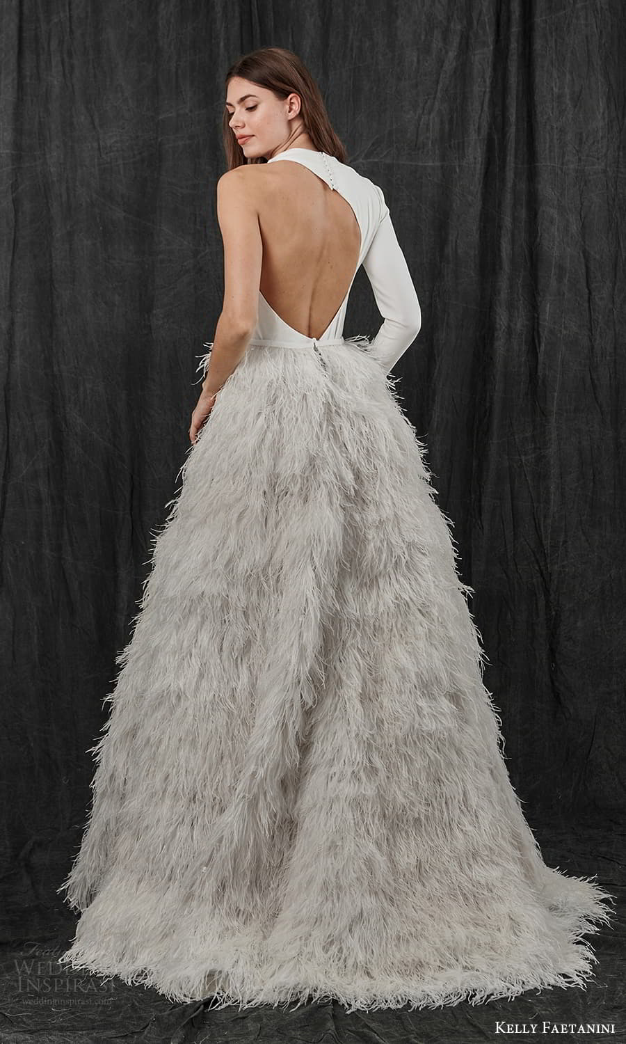 kelly faetanini spring 2022 bridal one shoulder long sleeve asymmetric neckline clean bodice feather skirt a line ball gown wedding dress sweep train cutout back (7) bv