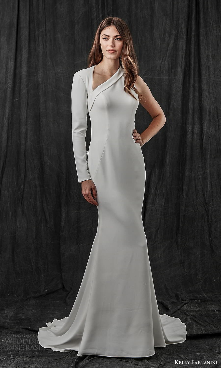 kelly faetanini spring 2022 bridal one shoulder long sleeve asymmetric neckline clean minimalist sheath wedding dress sweep train (2) mv kelly faetanini spring 2022 bridal one shoulder long sleeve asymmetric neckline clean minimalist sheath wedding dress sweep train (2) mv