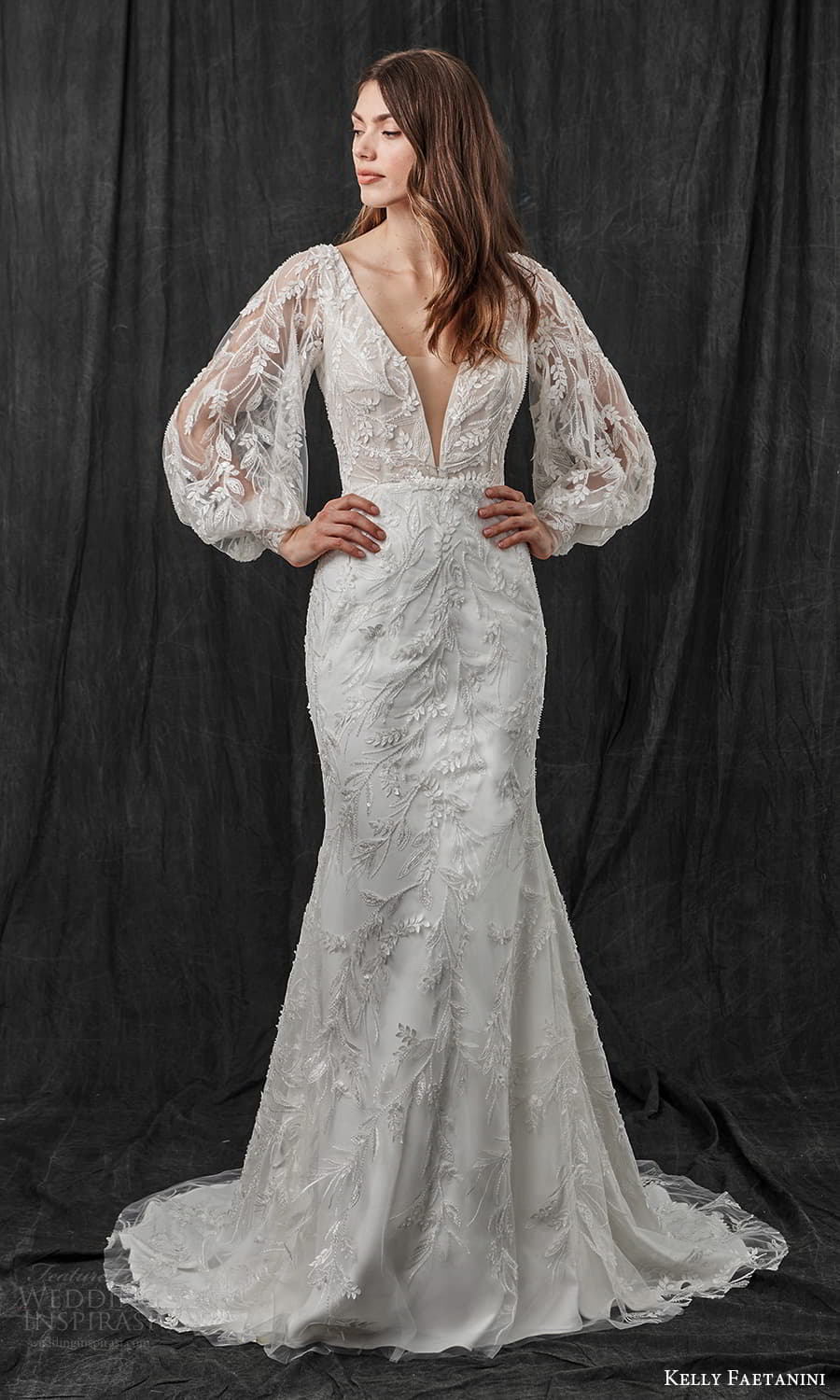 kelly faetanini spring 2022 bridal sheer bishop sleeves v neckline fully embellished fit flare sheath mermaid wedding dress chapel train (5) mv