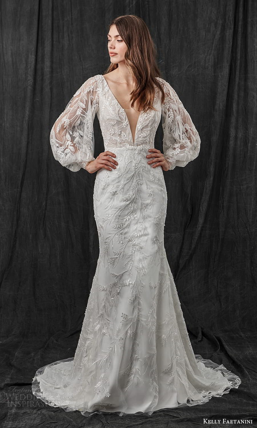 kelly faetanini spring 2022 bridal sheer bishop sleeves v neckline fully embellished fit flare sheath mermaid wedding dress chapel train (5) mv kelly faetanini spring 2022 bridal sheer bishop sleeves v neckline fully embellished fit flare sheath mermaid wedding dress chapel train (5) mv