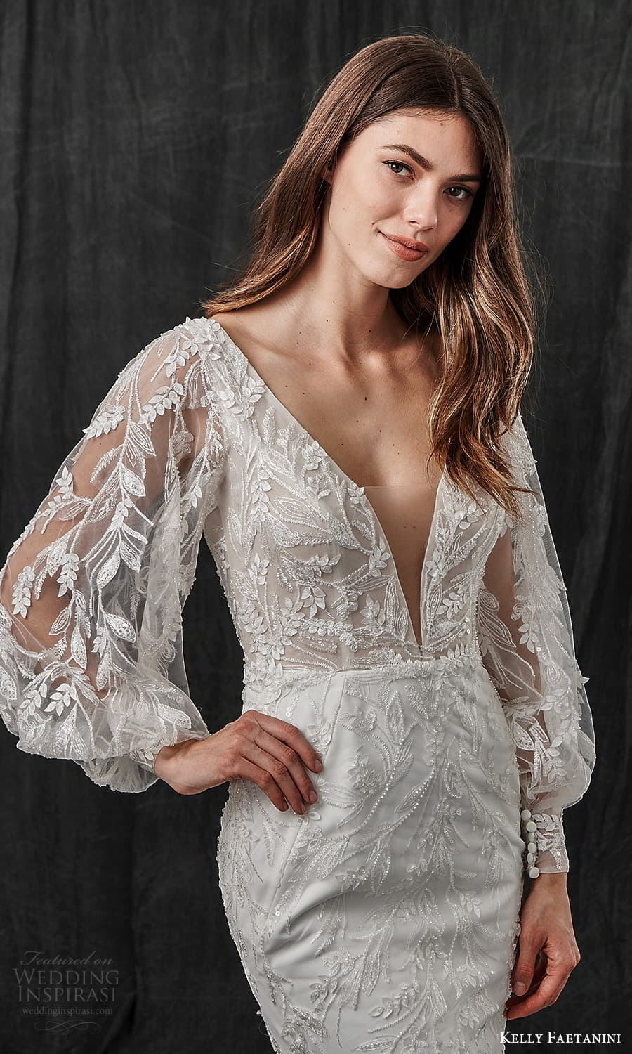 kelly faetanini spring 2022 bridal sheer bishop sleeves v neckline fully embellished fit flare sheath mermaid wedding dress chapel train (5) zv