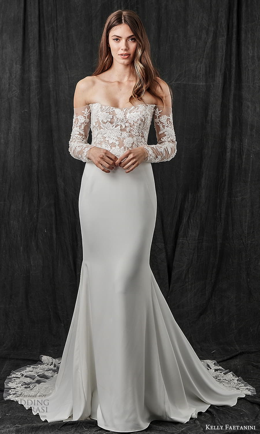 kelly faetanini spring 2022 bridal sheer detached long sleeves curved neckling embellished lace bodice clean skirt sheath weding dress chapel train (16) mv