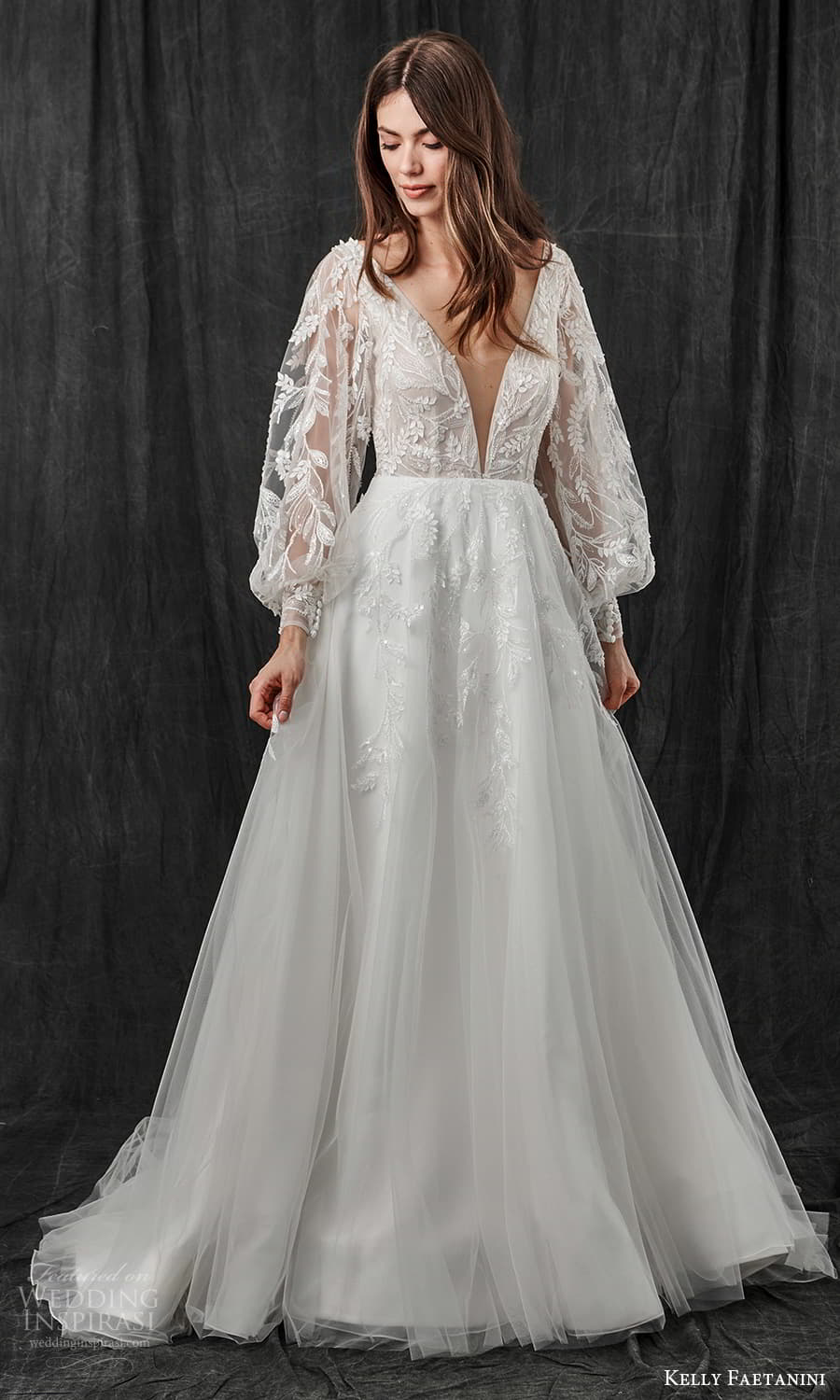 kelly faetanini spring 2022 bridal sheer long bishop sleeves plunging v neckline embellished a line ball gown wedding dress chapel train (15) mv