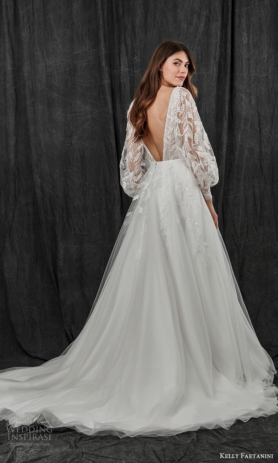 kelly faetanini spring 2022 bridal sheer long bishop sleeves plunging v neckline embellished a line ball gown wedding dress chapel train v back (15) bv