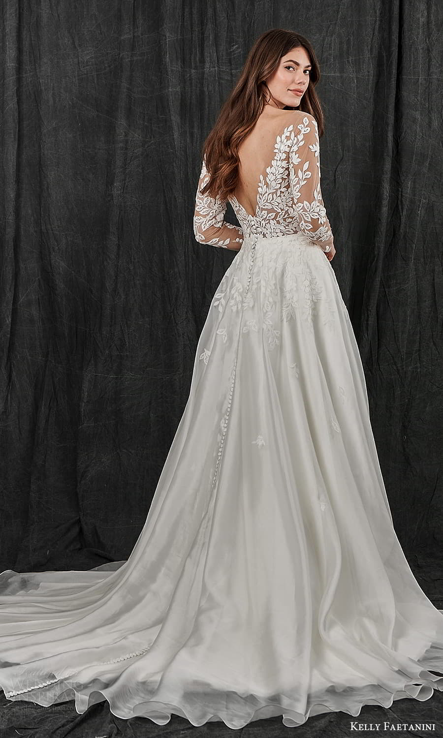 kelly faetanini spring 2022 bridal sheer long sleeve plunging v neckline embellished lace bodice a line ball gown wedding dress chapel train (8) bv