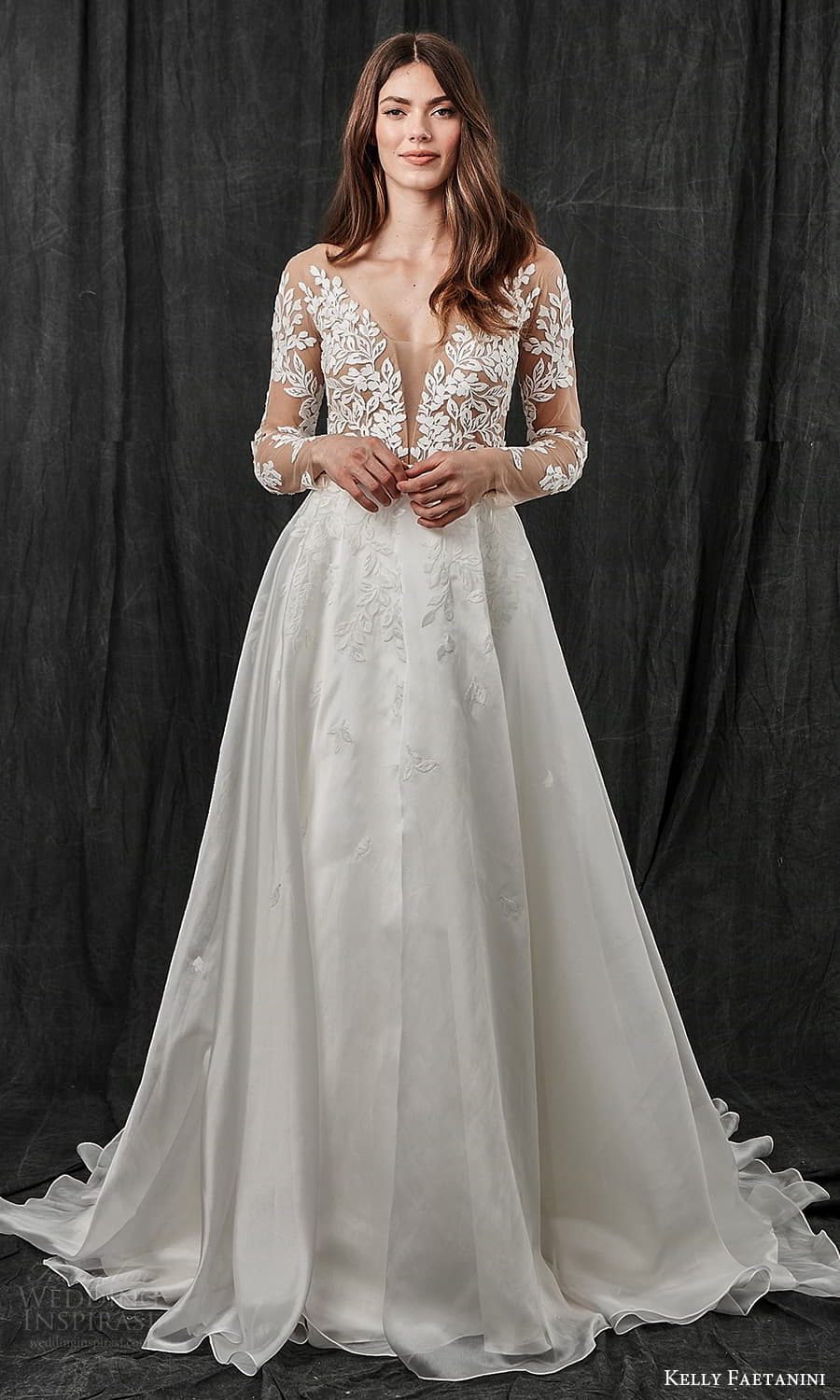 kelly faetanini spring 2022 bridal sheer long sleeve plunging v neckline embellished lace bodice a line ball gown wedding dress chapel train (8) mv