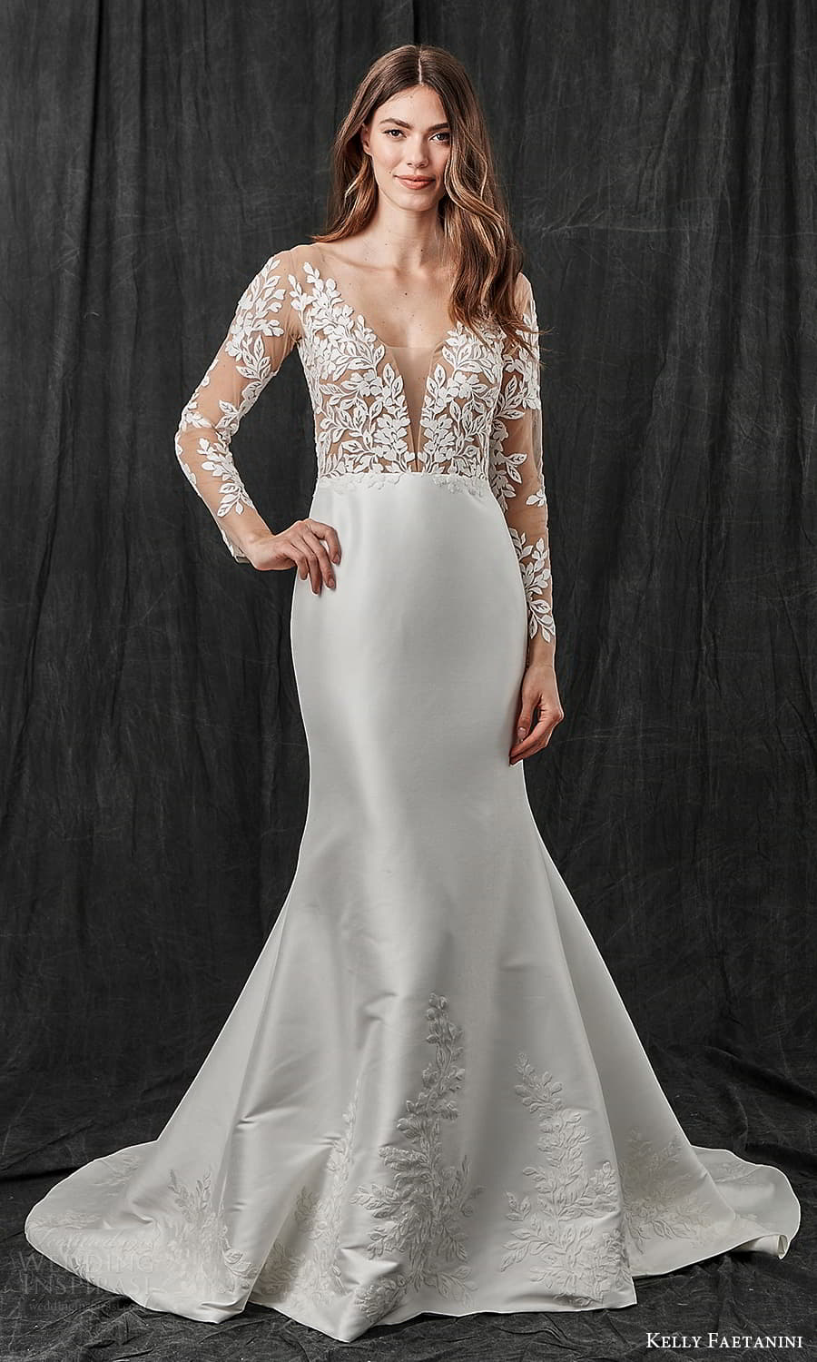 kelly faetanini spring 2022 bridal sheer long sleeve plunging v neckline embellished lace bodice trumpet modified a line wedding dress chapel train v back (9) mv