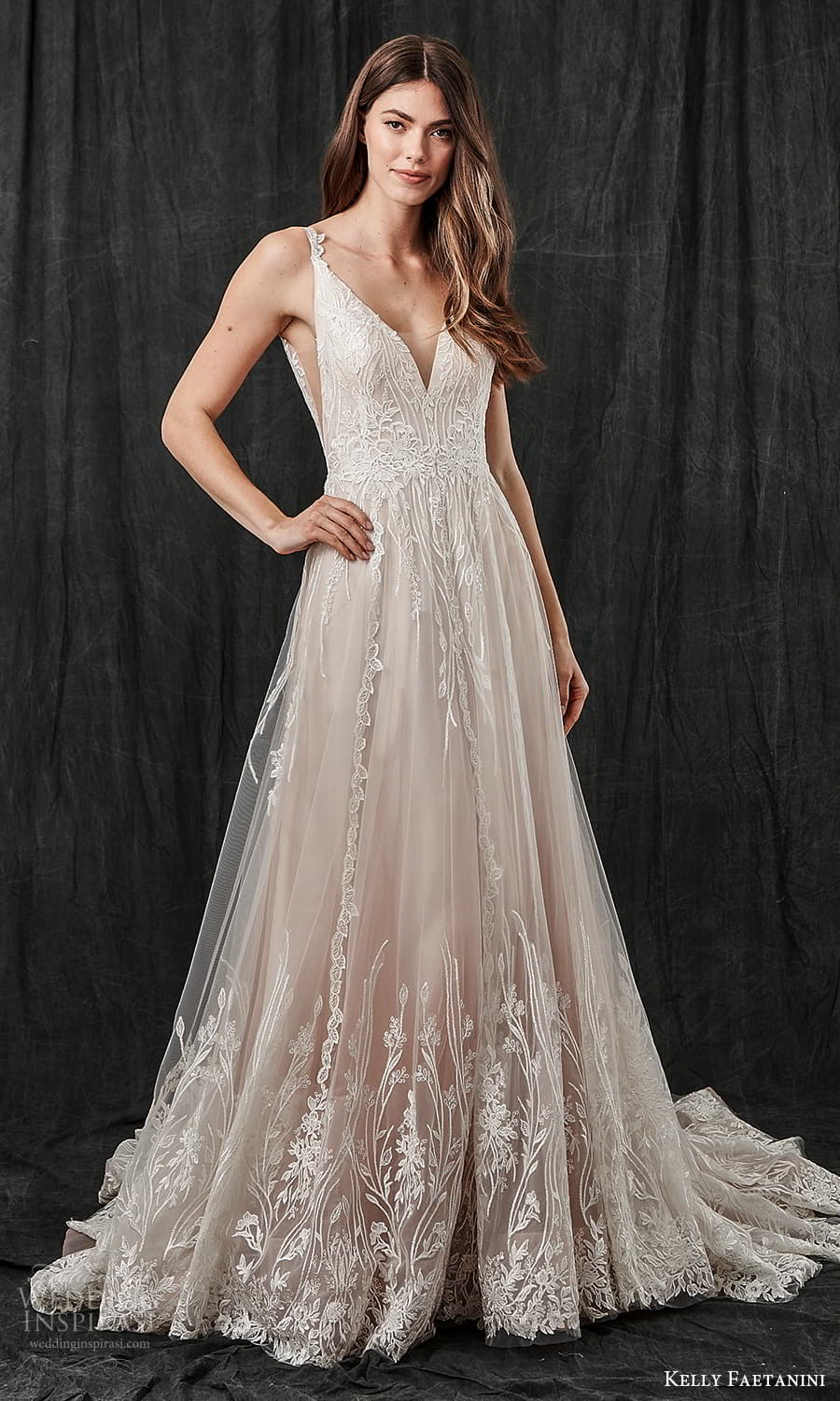 kelly faetanini spring 2022 bridal sleeveless straps v neckline embellished a line wedding dress blush chapel train v back (14) mv