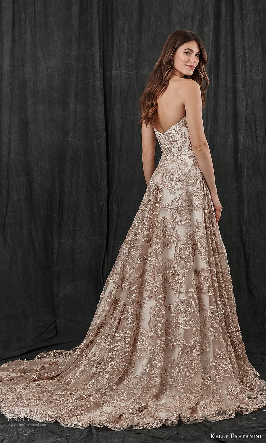 kelly faetanini spring 2022 bridal strapless semi sweetheart necklne fully embellished a line ball gown wedding dress chapel train metallic blush (3) bv