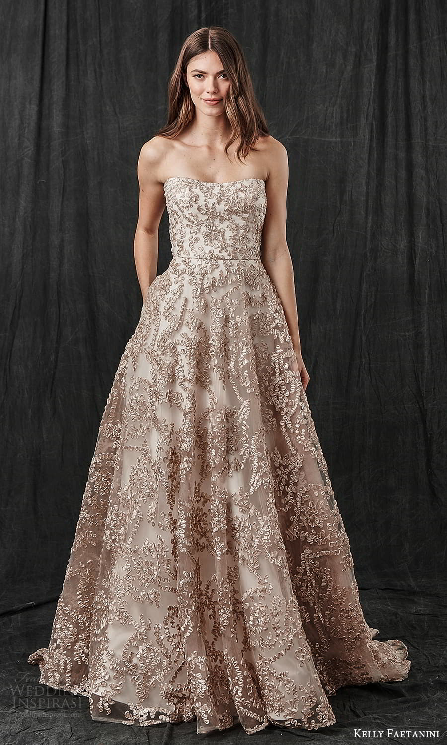 kelly faetanini spring 2022 bridal strapless semi sweetheart necklne fully embellished a line ball gown wedding dress chapel train metallic blush (3) mv