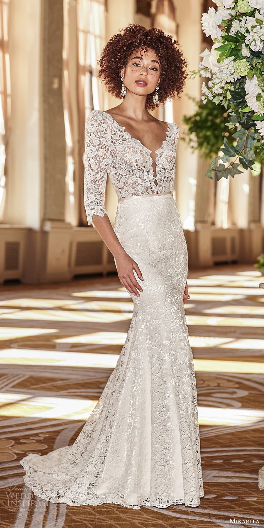 mikaella fall 2021 bridal 3 quarter sleeve v neckline embellished lace sheath wedding dress chapel train (2) mv