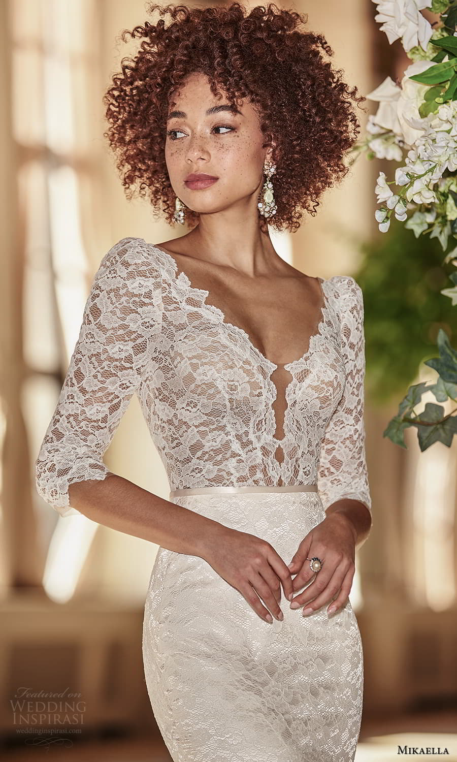 mikaella fall 2021 bridal 3 quarter sleeve v neckline embellished lace sheath wedding dress chapel train v back (2) zv