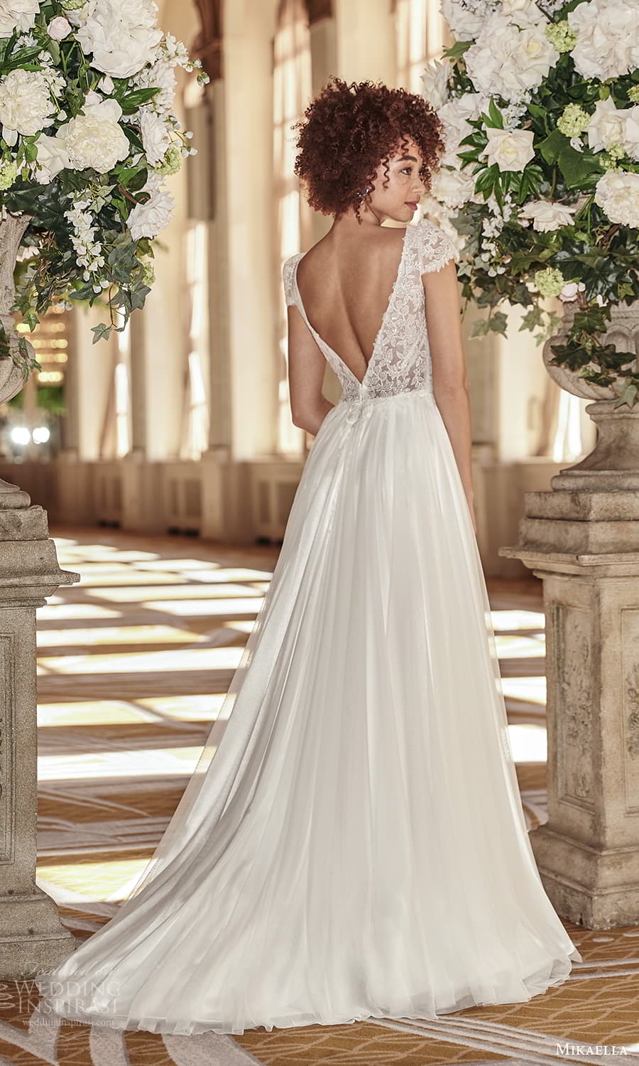 mikaella fall 2021 bridal cap sleeves v neckline lace bodice a line wedding dress chapel train slit skirt v back (4) bv