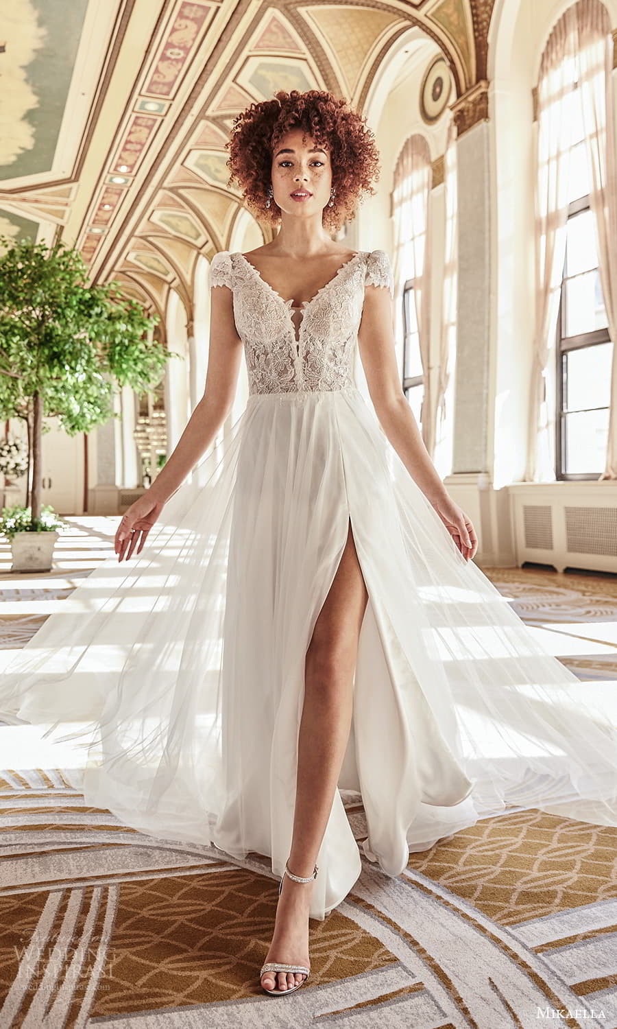 mikaella fall 2021 bridal cap sleeves v neckline lace bodice a line wedding dress chapel train slit skirt v back (4) fv