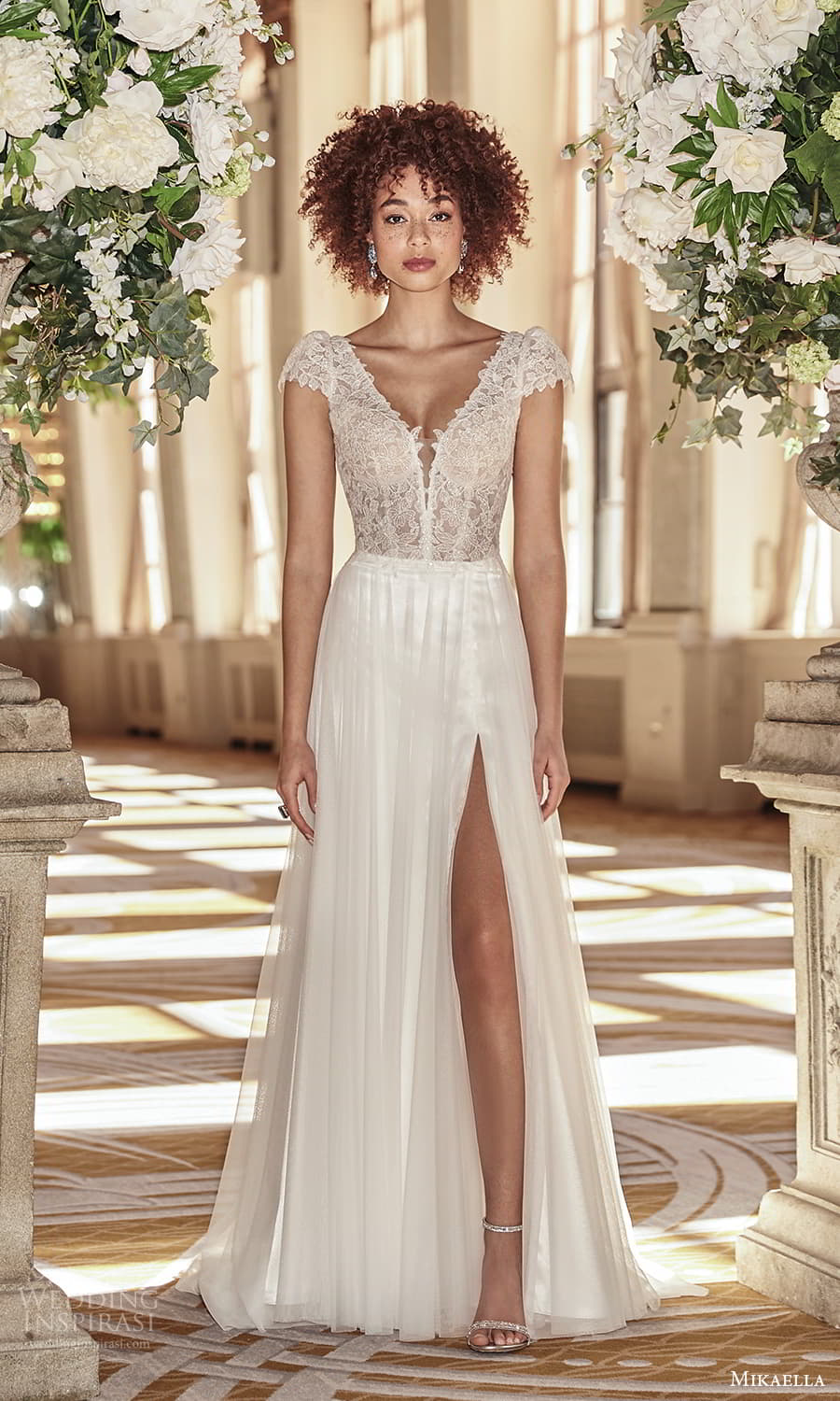 mikaella fall 2021 bridal cap sleeves v neckline lace bodice a line wedding dress chapel train slit skirt v back (4) mv