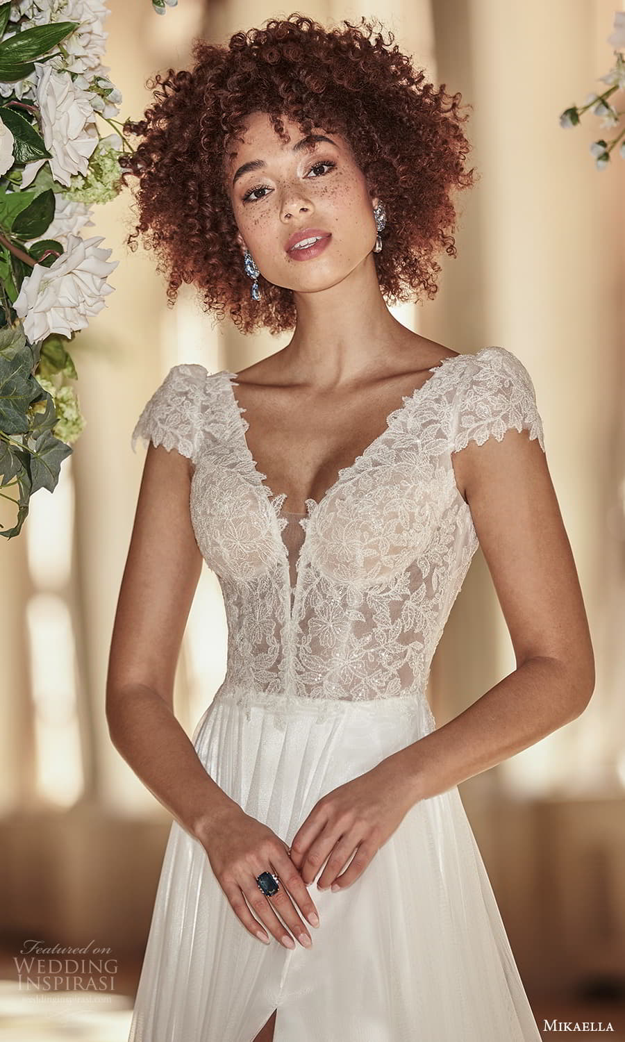 mikaella fall 2021 bridal cap sleeves v neckline lace bodice a line wedding dress chapel train slit skirt v back (4) zv