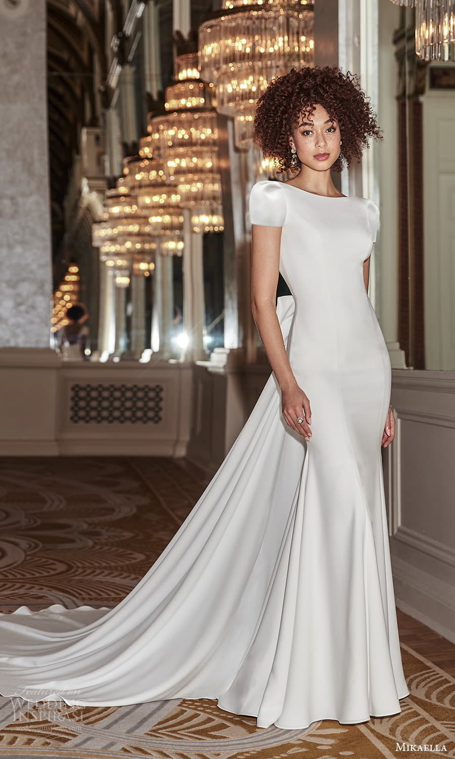 mikaella fall 2021 bridal short puff sleeves bateau neckline clean minimalist sheath wedding dress chapel train (3) mv