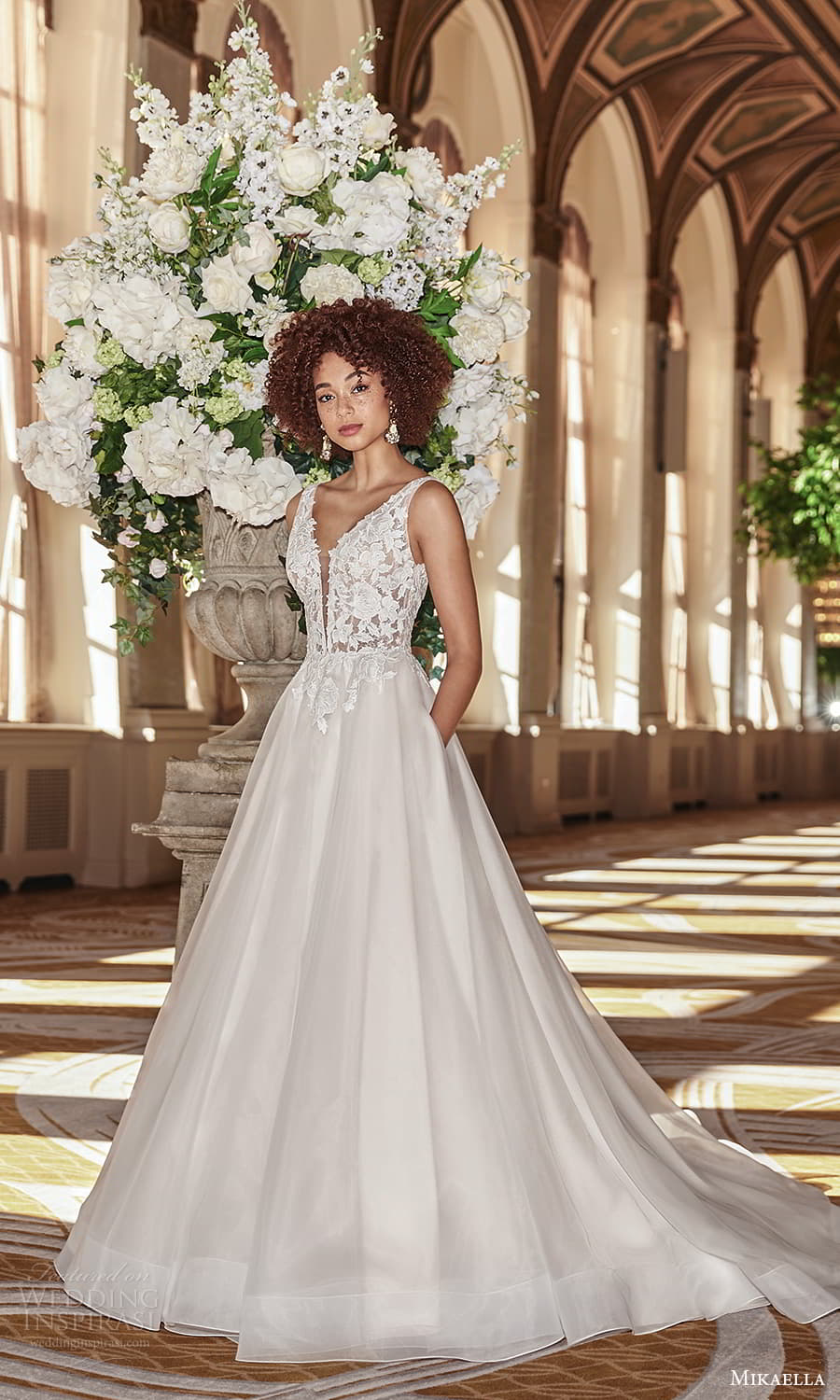 mikaella fall 2021 bridal sleeveless straps plunging v neckline lace bodice clean skirt a line ball gown wedding dress chapel train (6) mv