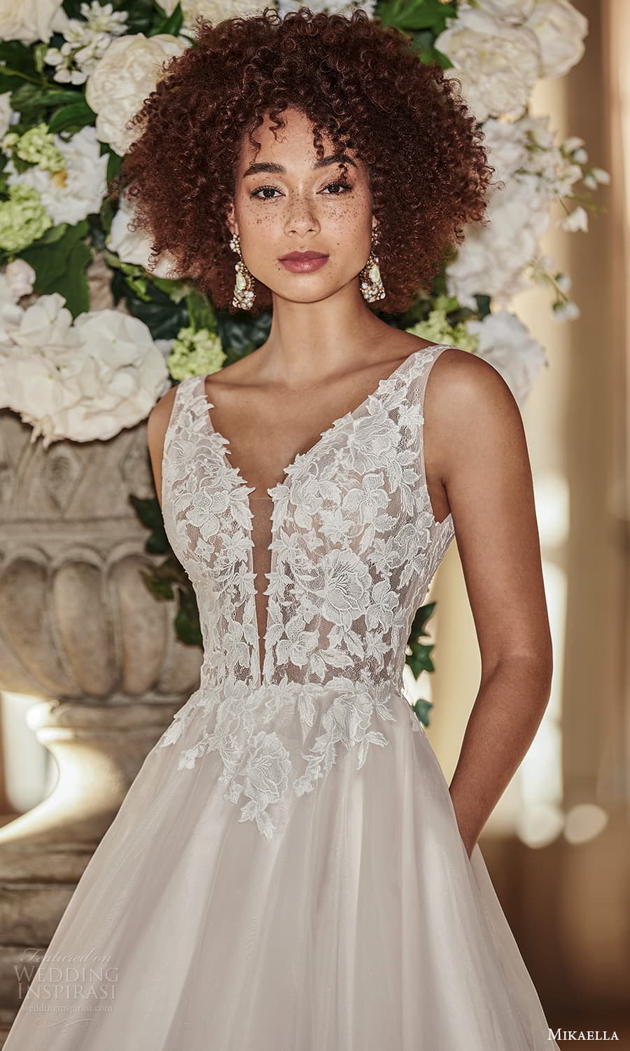 mikaella fall 2021 bridal sleeveless straps plunging v neckline lace bodice clean skirt a line ball gown wedding dress chapel train (6) zv