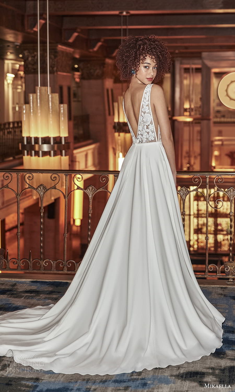 mikaella fall 2021 bridal sleeveless straps plunging v neckline lace bodice clean skirt a line wedding dress chapel train v back (7) bv