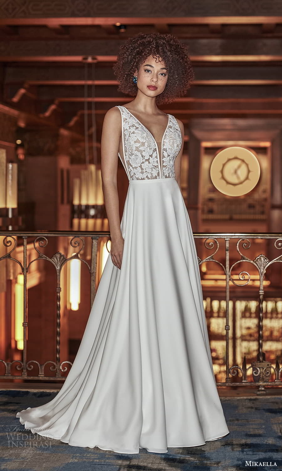 mikaella fall 2021 bridal sleeveless straps plunging v neckline lace bodice clean skirt a line wedding dress chapel train v back (7) mv